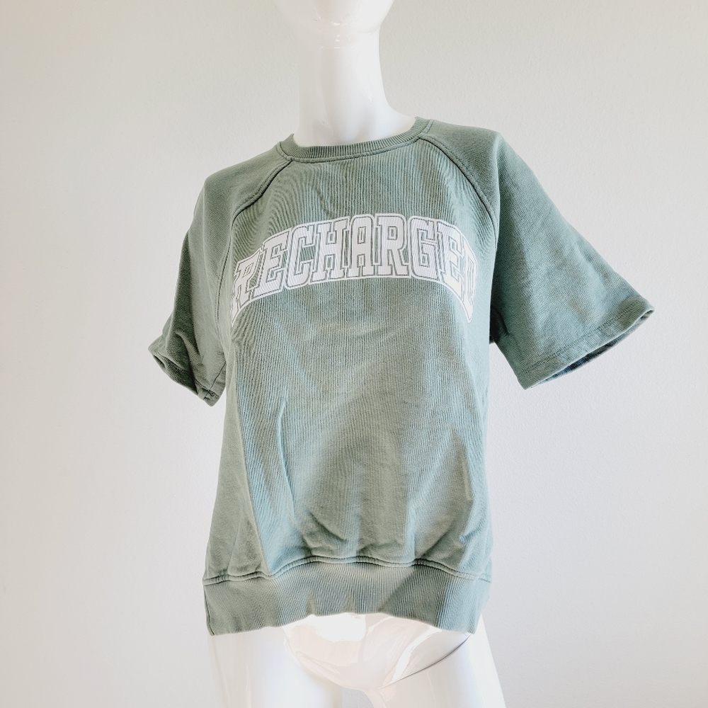 H&M Preppy Collegiate Varsity Green Short Sleeve Sweatshirt Split Sides Sz S